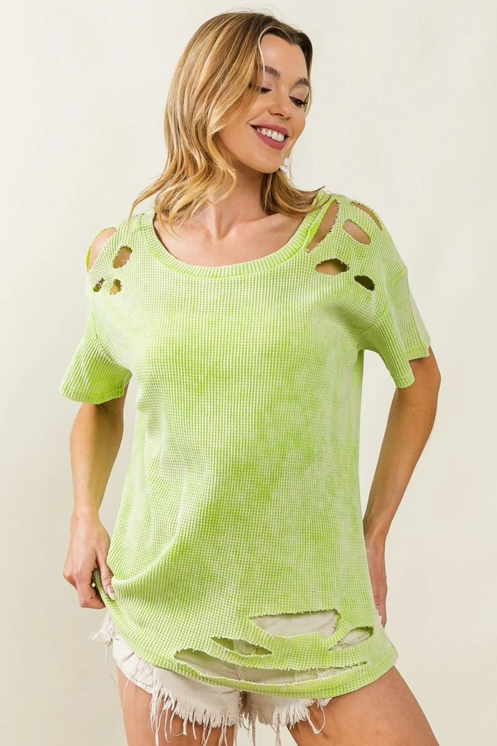 BiBi Laser Cut Mineral Washed Loose Fit Thermal Top