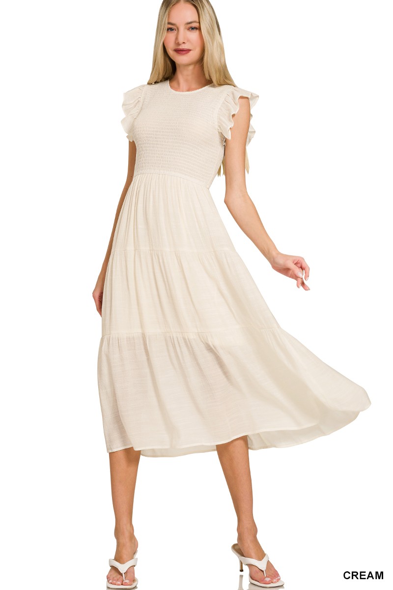Zenana Woven Smocked Ruffle Sleeve Midi Dress