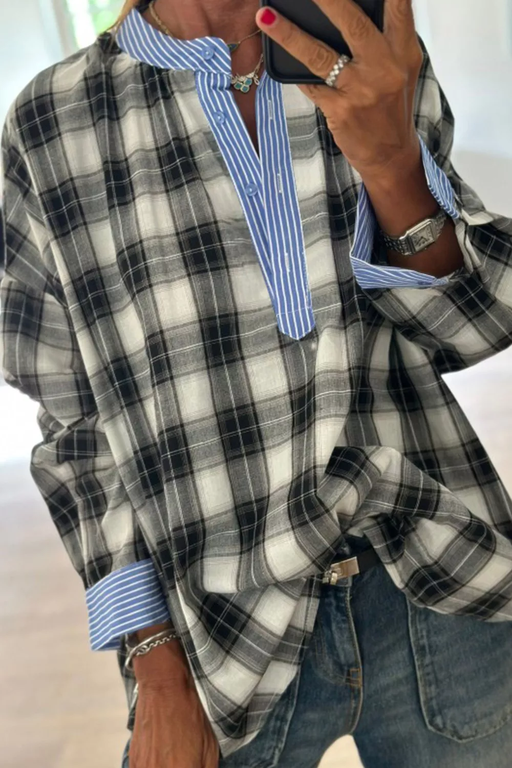 Contrast Striped Edge Half Placket Plaid Blouse
