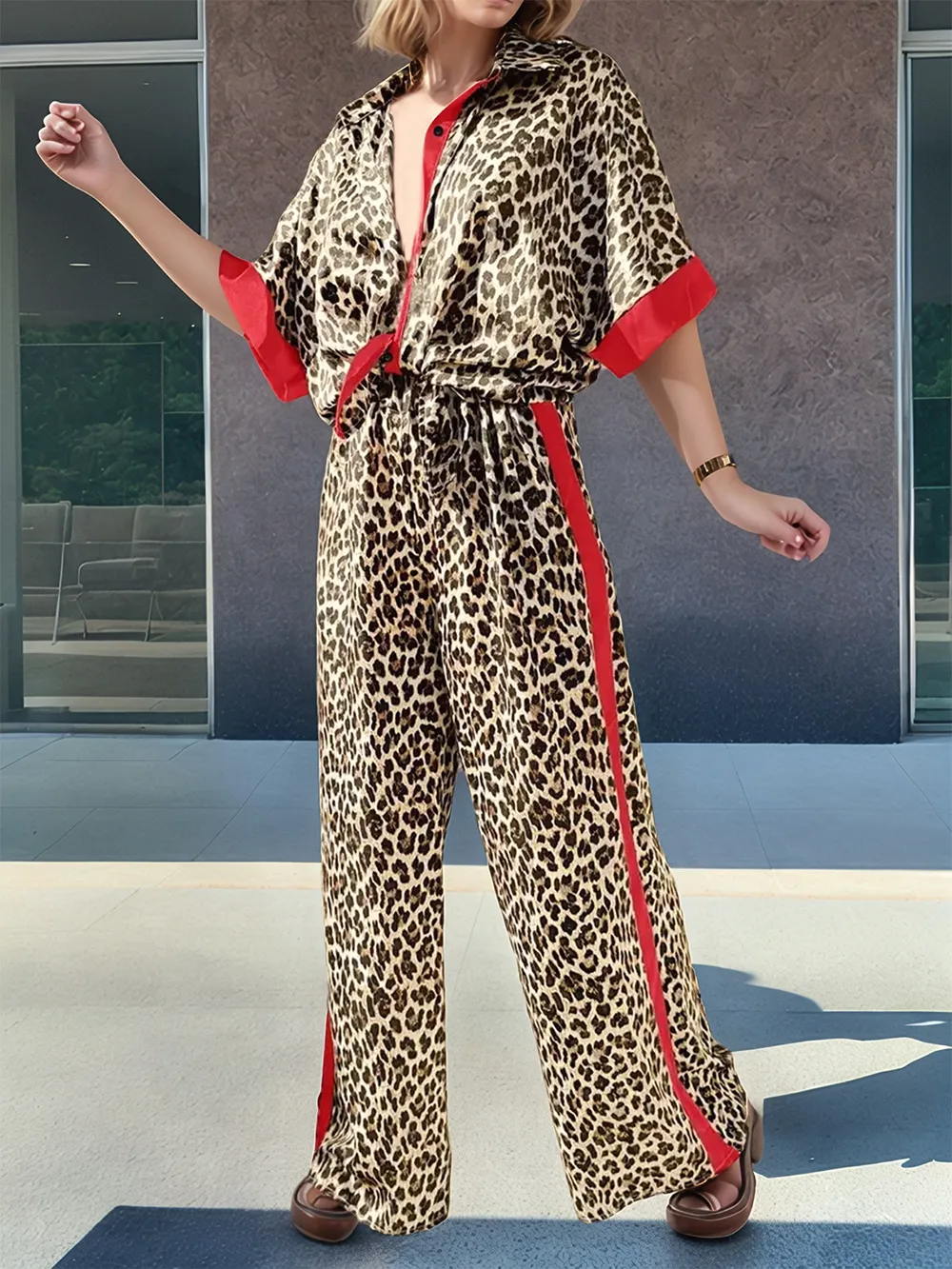 Leopard Half Sleeve Top and Wide Leg Pants Set