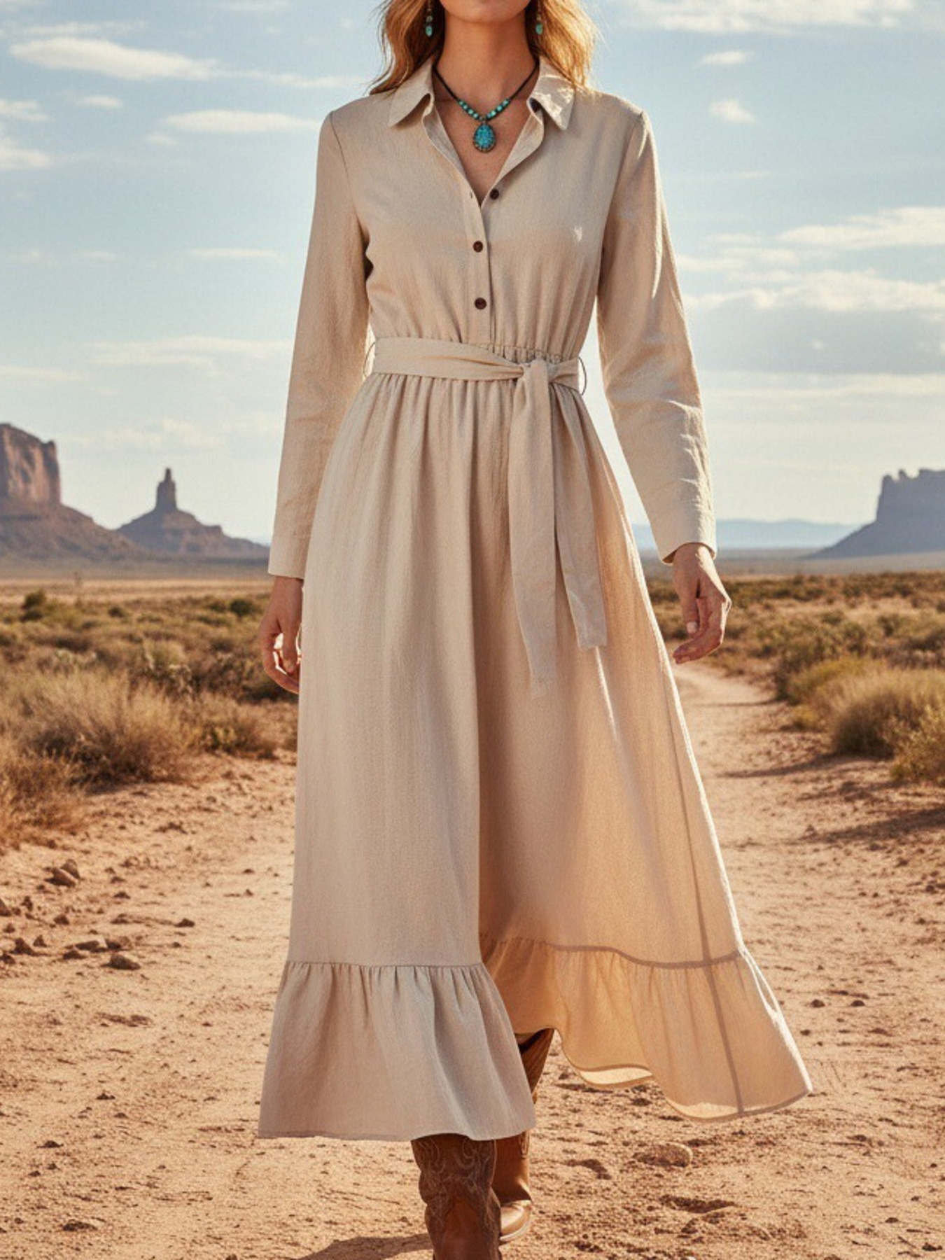 Tie Waist Long Sleeve Ruffled Hem Dress