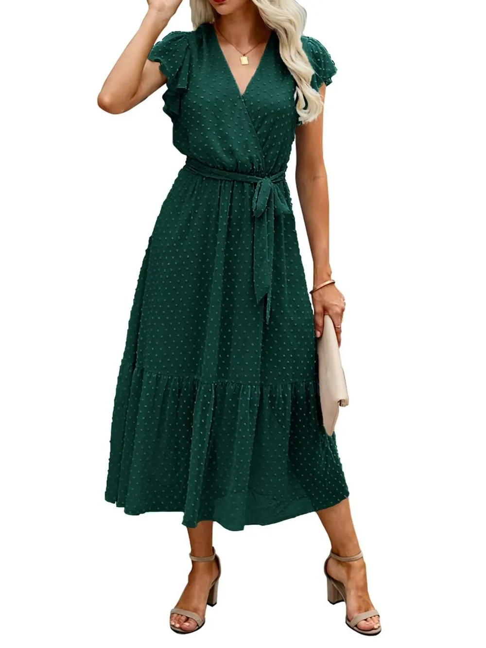 Swiss Dot Flutter Sleeves Midi Dress