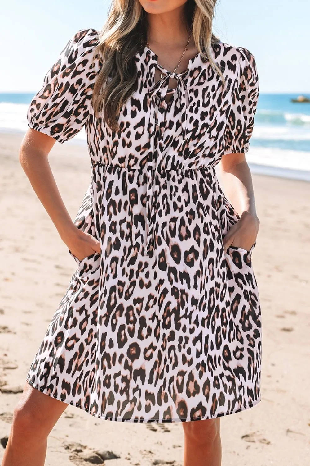 Leopard Tied Front Keyhole Puff Short Sleeve Mini Dress
