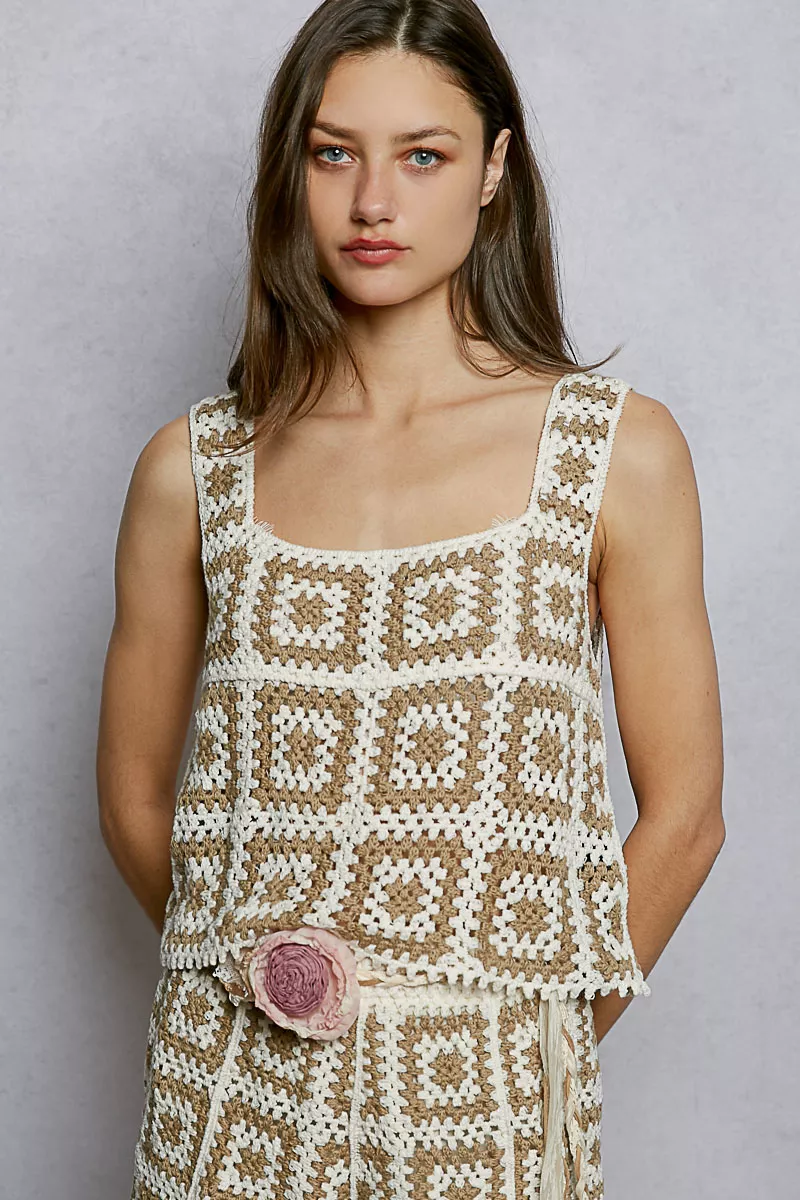 POL Openwork Square Neck Cropped Crochet Tank with Granny Square Weave