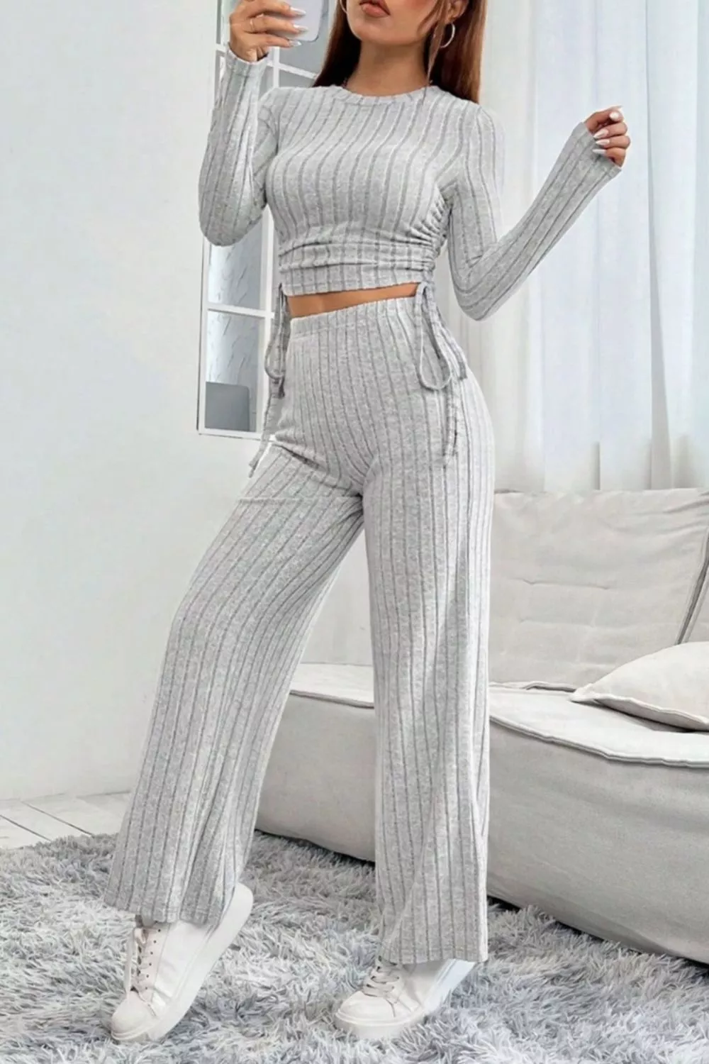 Ribbed Knit Long Sleeve Top & Wide Leg Pants Set