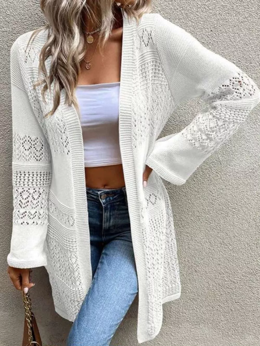 Openwork Open Front Knit Cardigan