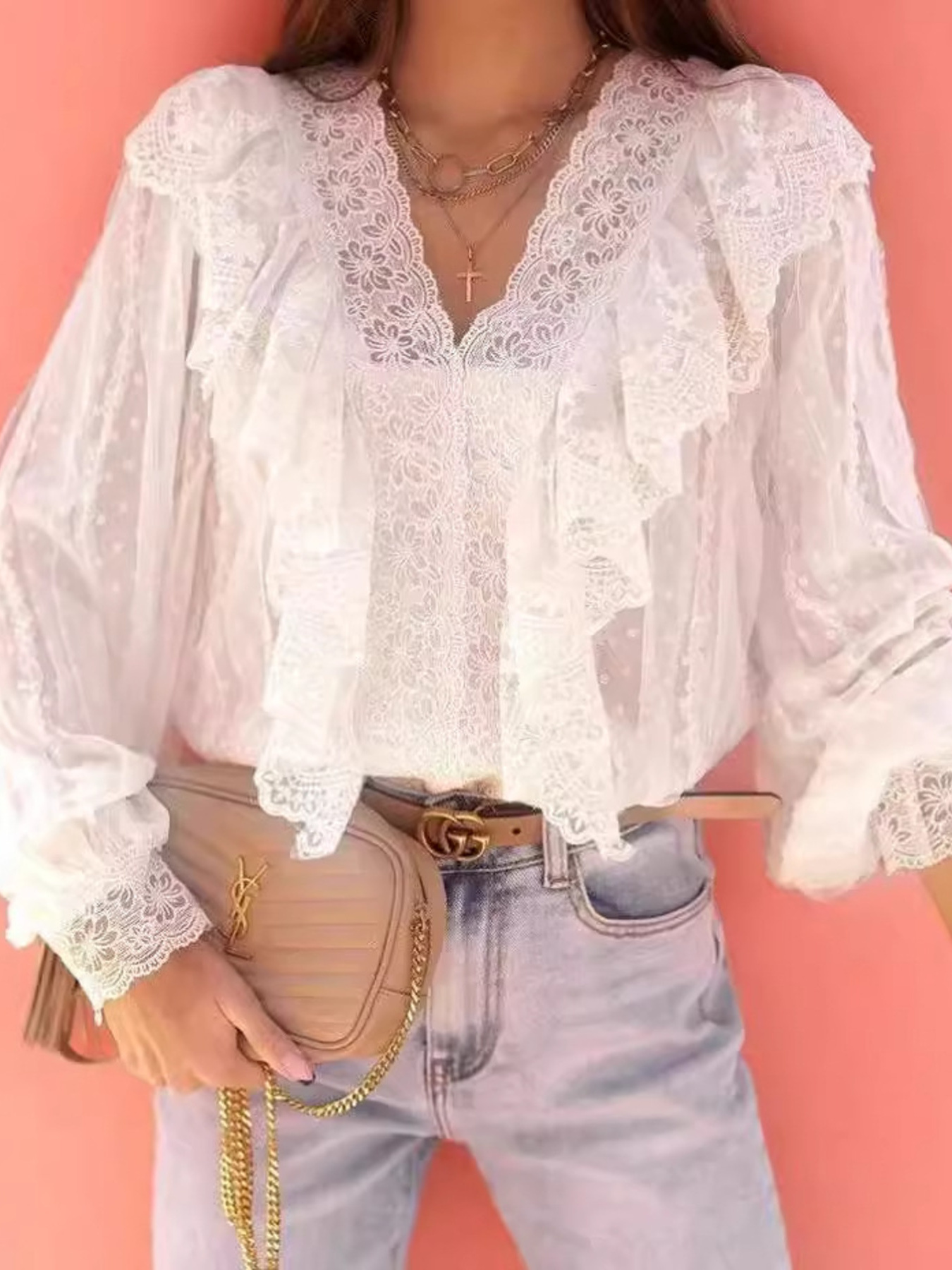 Lace Trim Ruffle V-Neck Long Sleeve Blouse