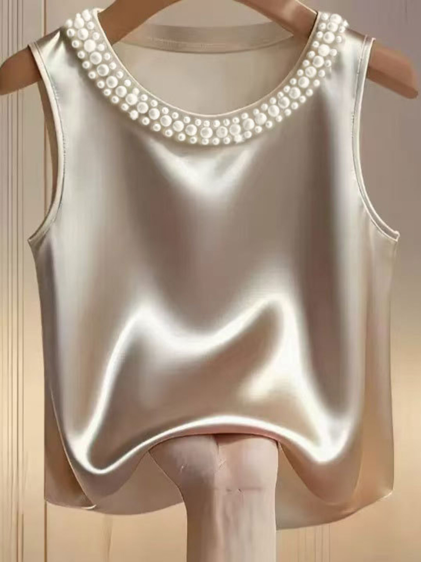 Pearl Embellished Satin Tank Top