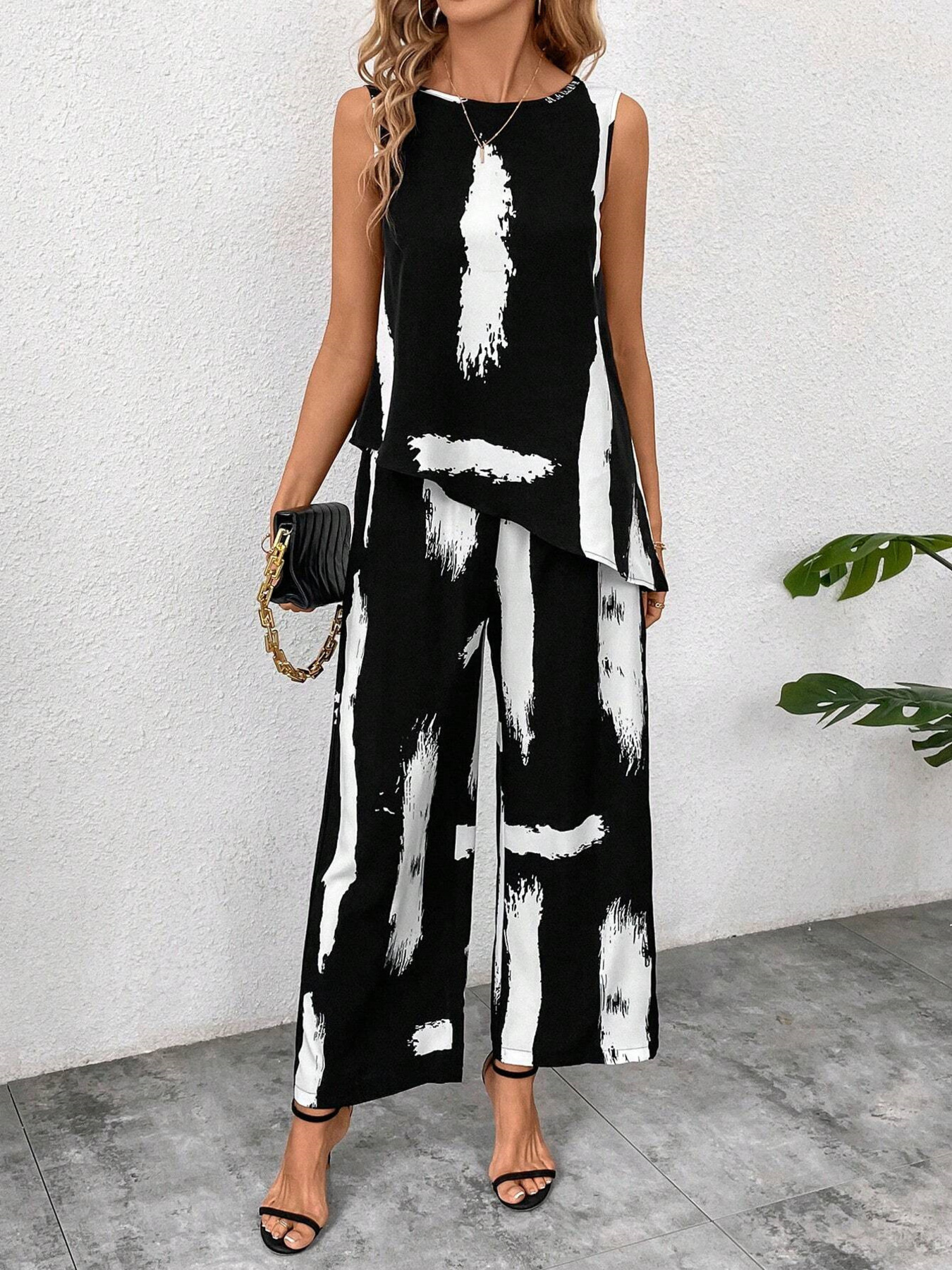 Abstract Print Sleeveless Top & Wide Leg Pants Set