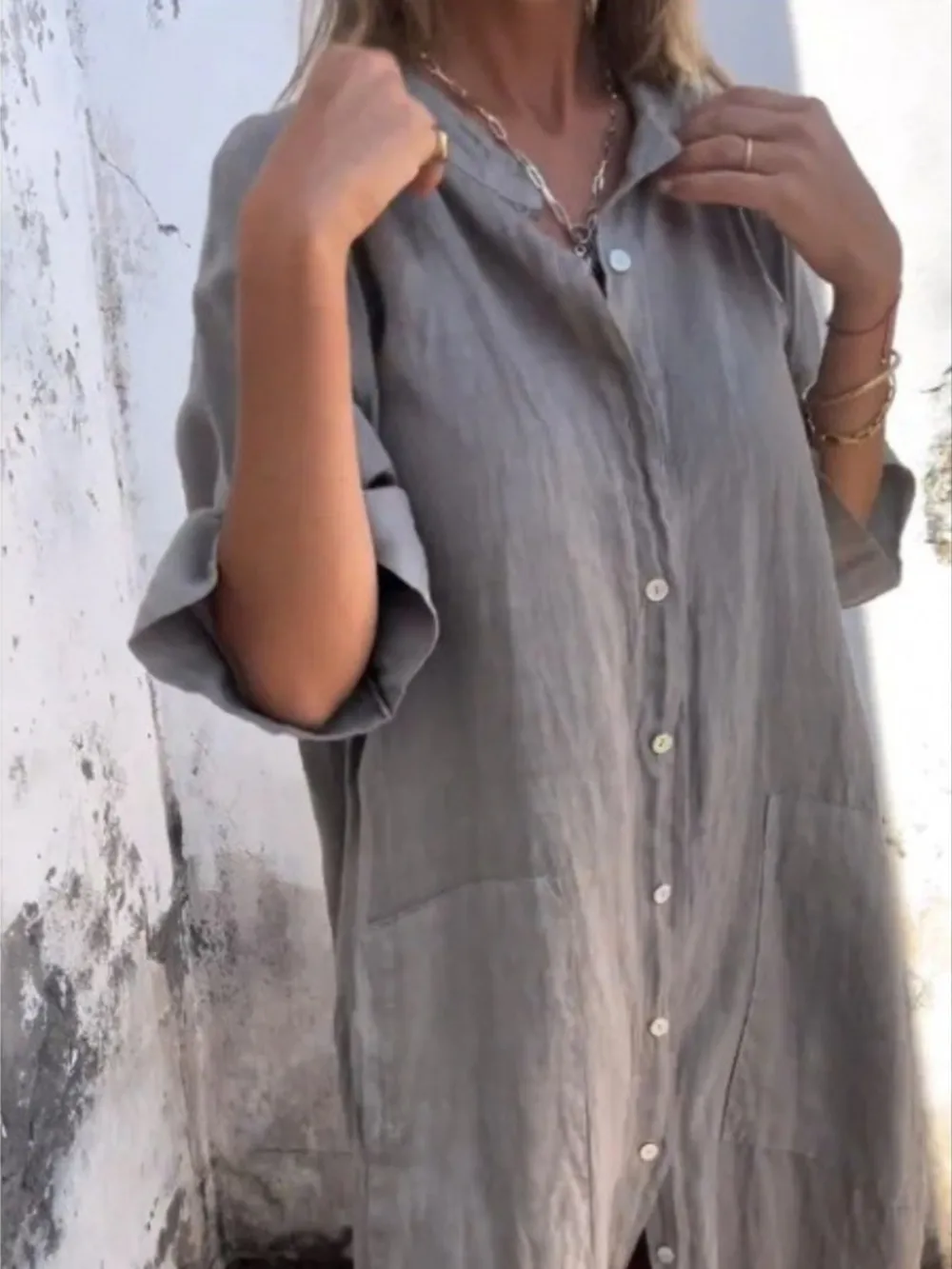 Full Size Casual Linen Button-Down Shirt Dress Plus Size