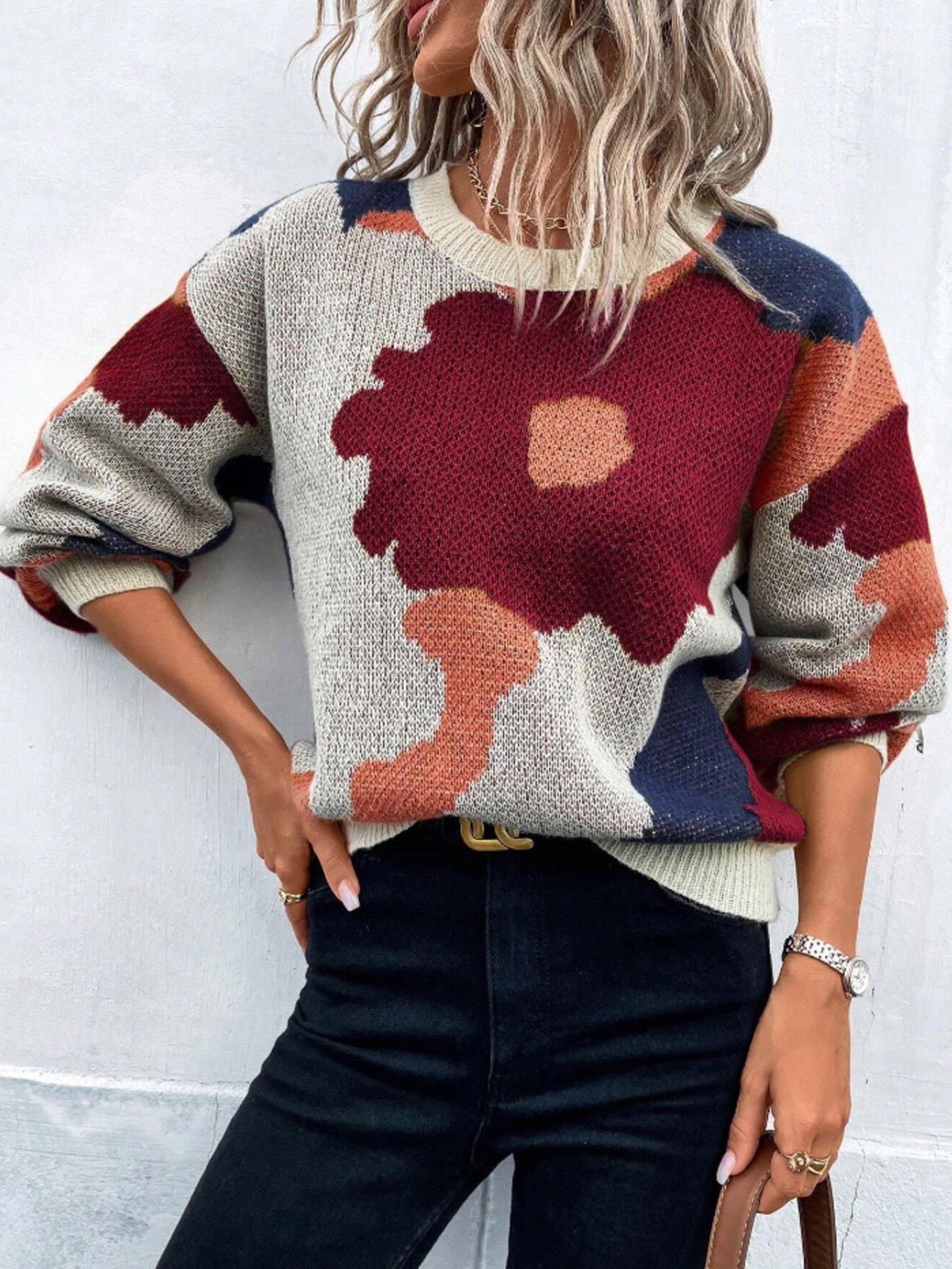 Floral Pattern Round Neck Sweater