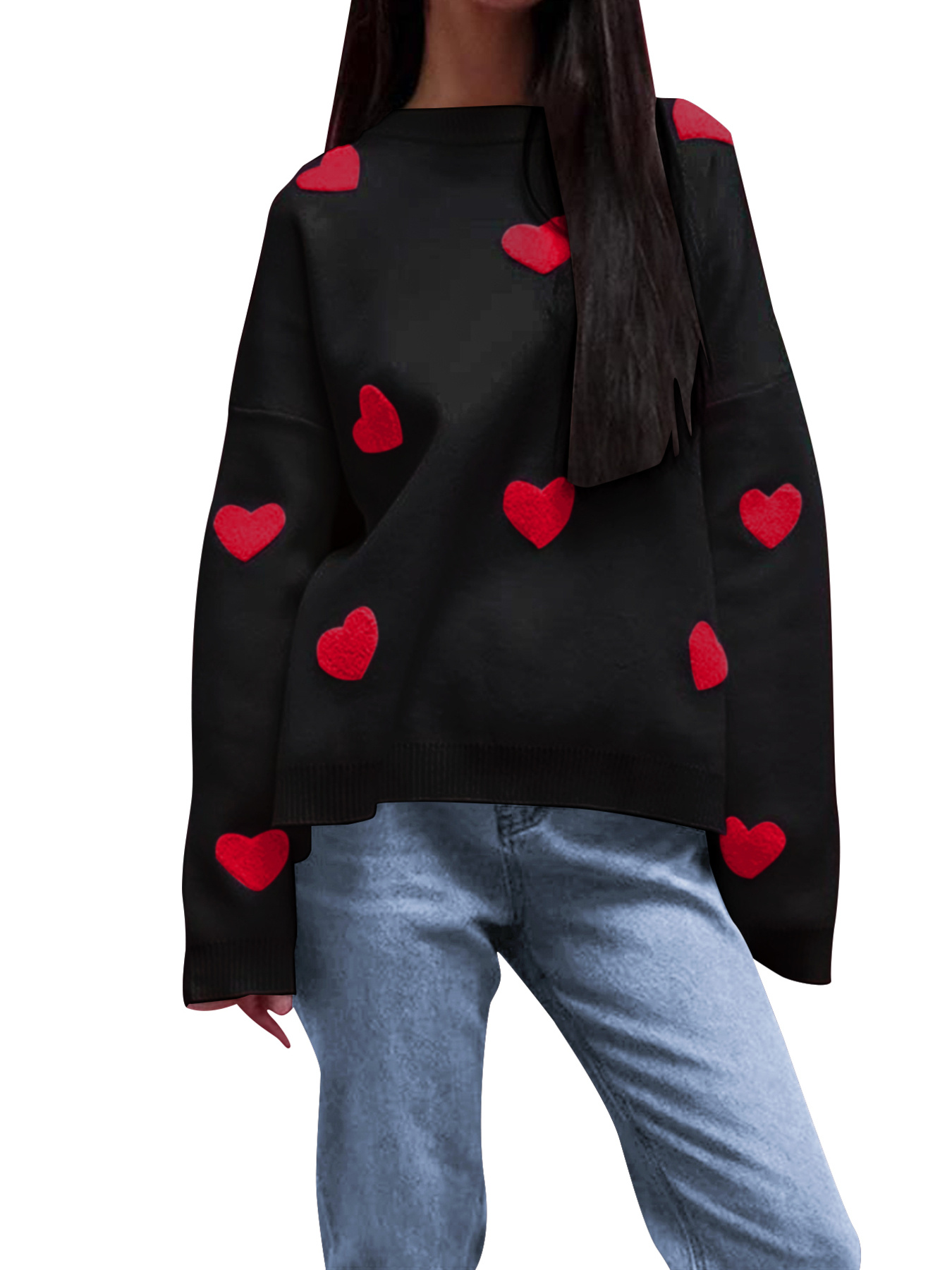 Heart Round Neck Long Sleeve Sweater