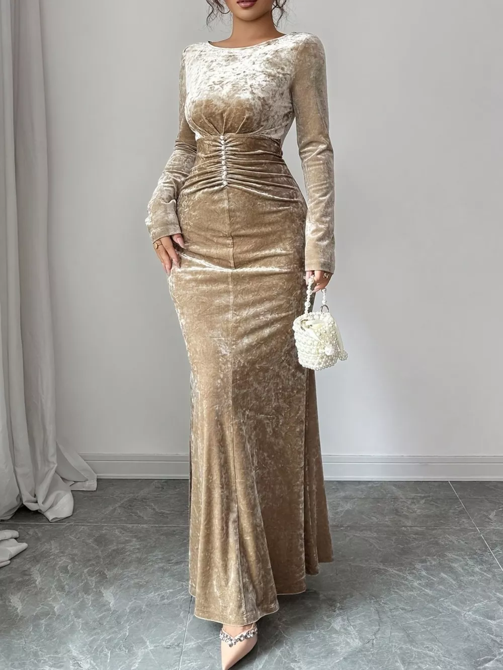 Velvet Ruched Bodycon Maxi Dress