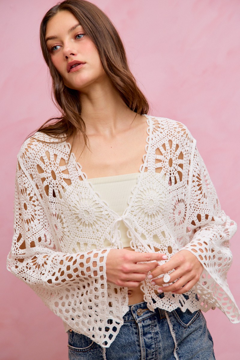 SO ME Floral Pattern Crochet Knit Tie Front Crop Cardigan
