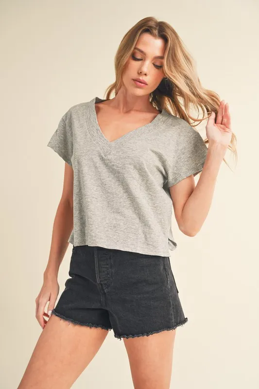 Aemi + Co Side Slit V-Neck Short Sleeve Cropped T-Shirt