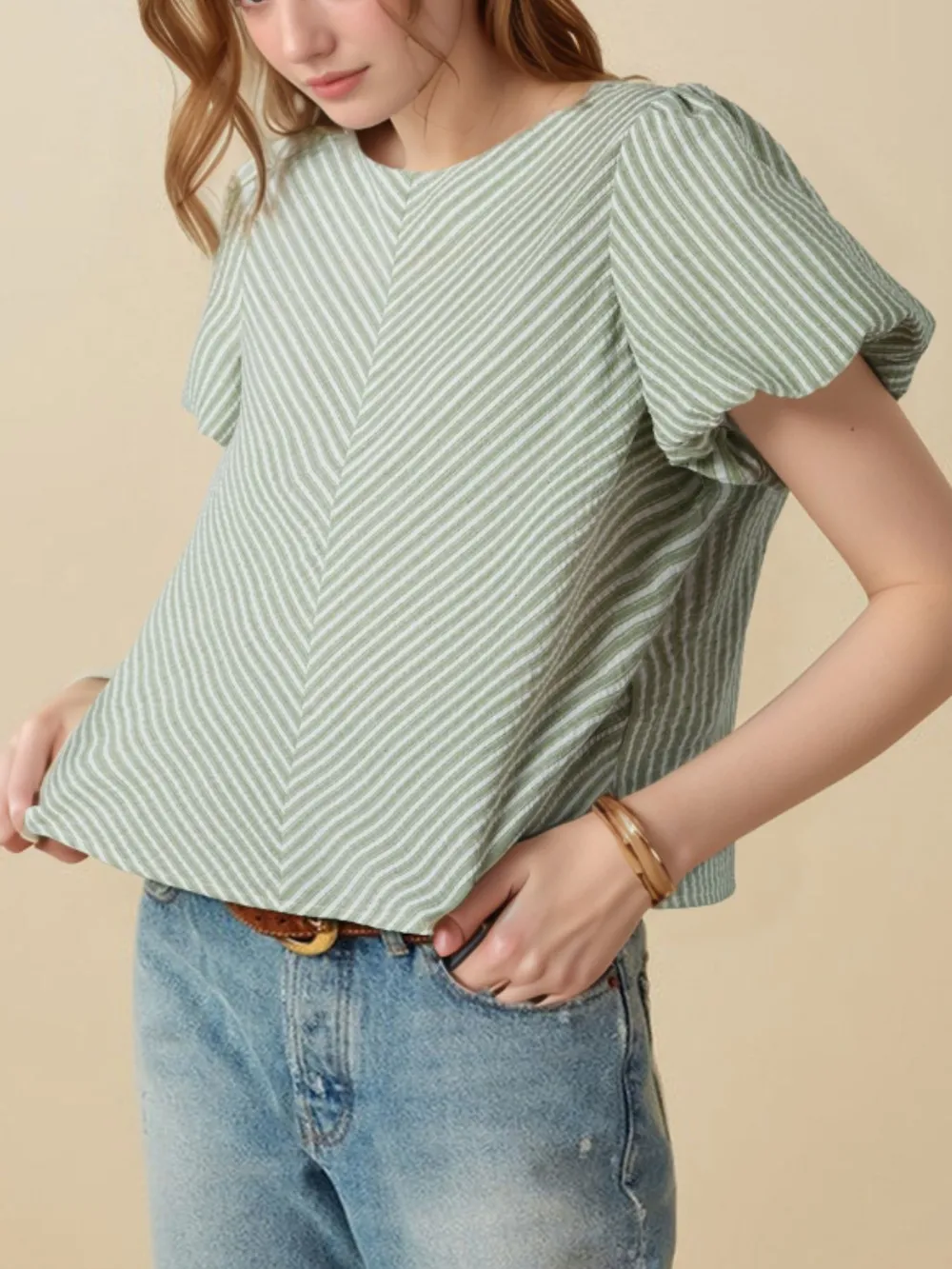Stripe Textured Round Neck Short Puff Sleeve Blouse