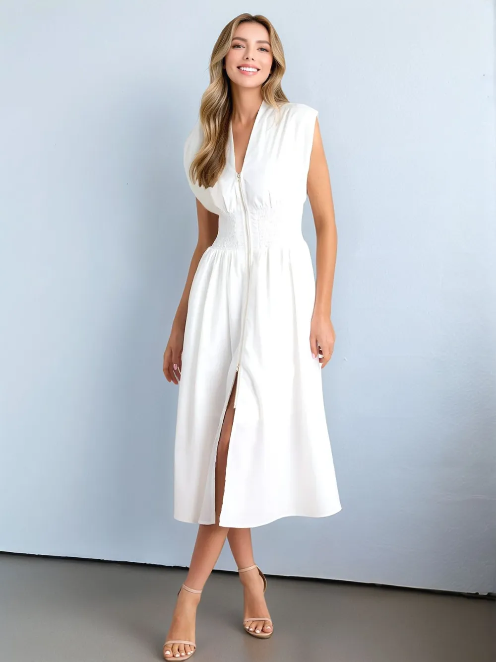 Smocked Zip Front Cap Sleeve Dress