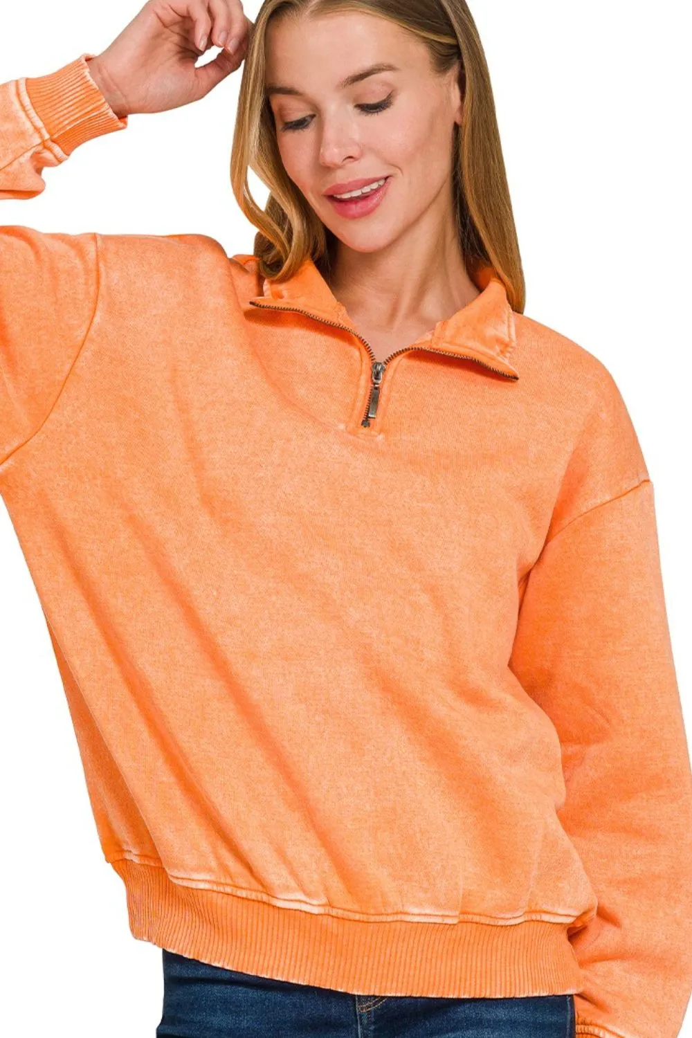 Zenana Acid Wash Fleece Quarter Zip Pullover Sweatshirt