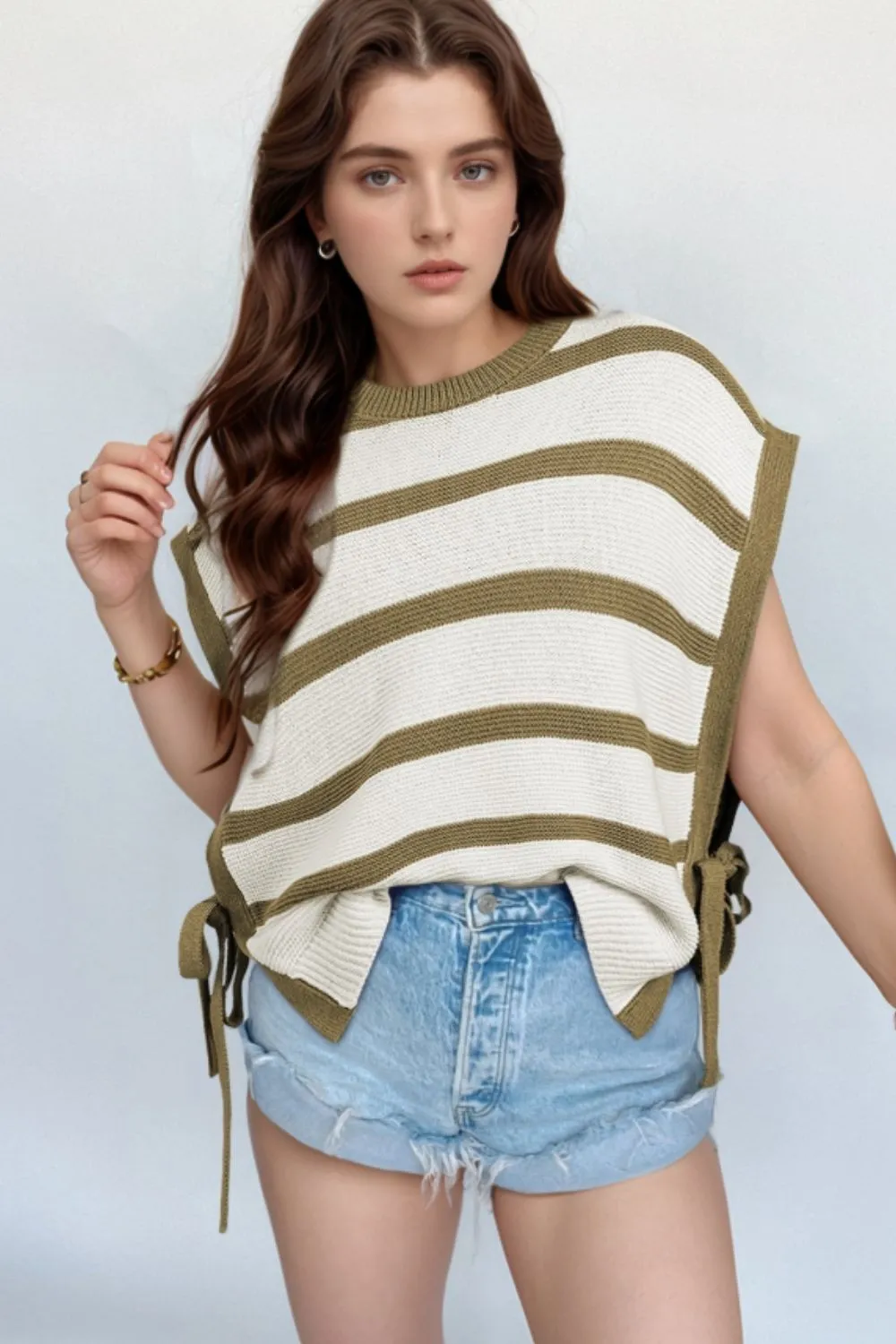 Stripe Tie Open Side Sweater Knitted Top