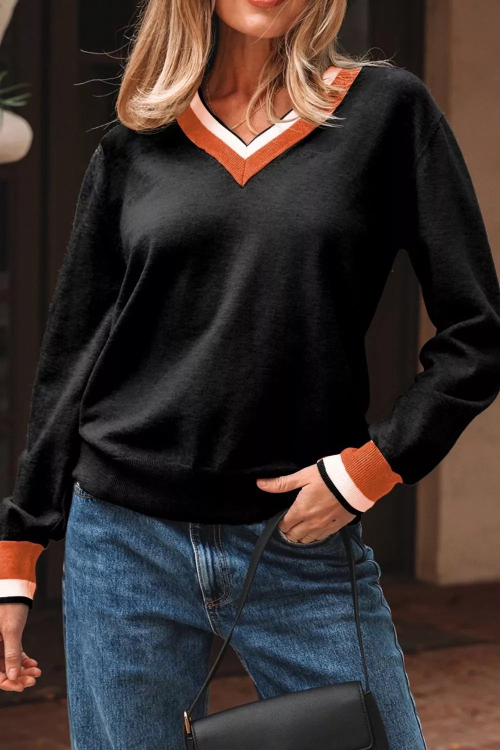 Contrast Striped Trim V Neck Varsity Sweater