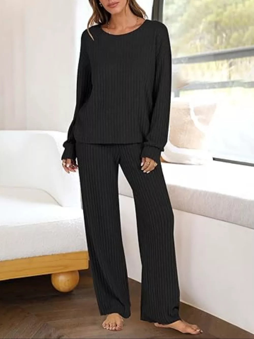 Relaxed Fit Ribbed Knit Top and Pants Set