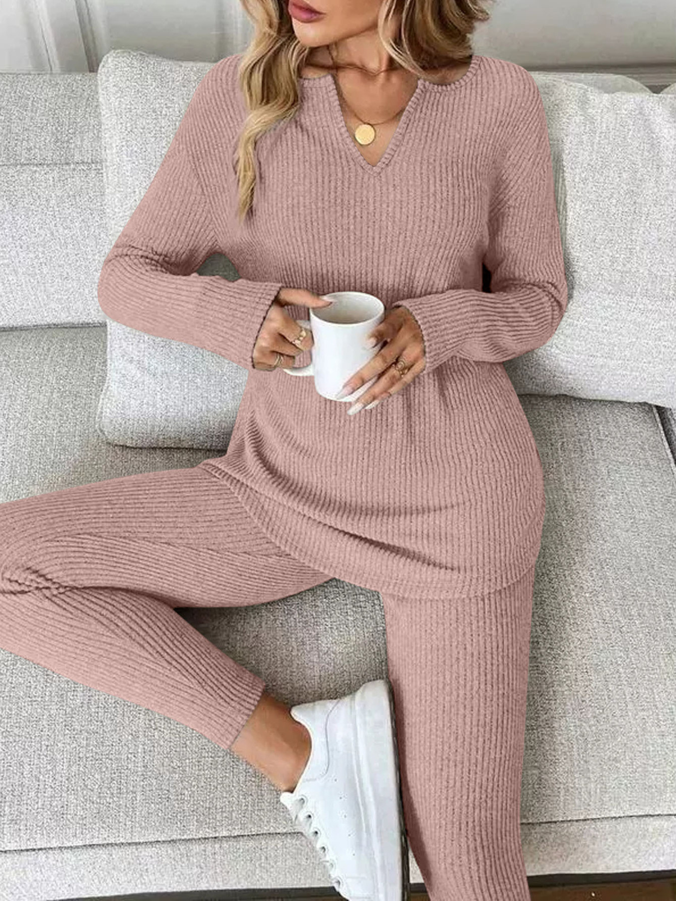 Ribbed Knit Long Sleeve Top and Pants Set