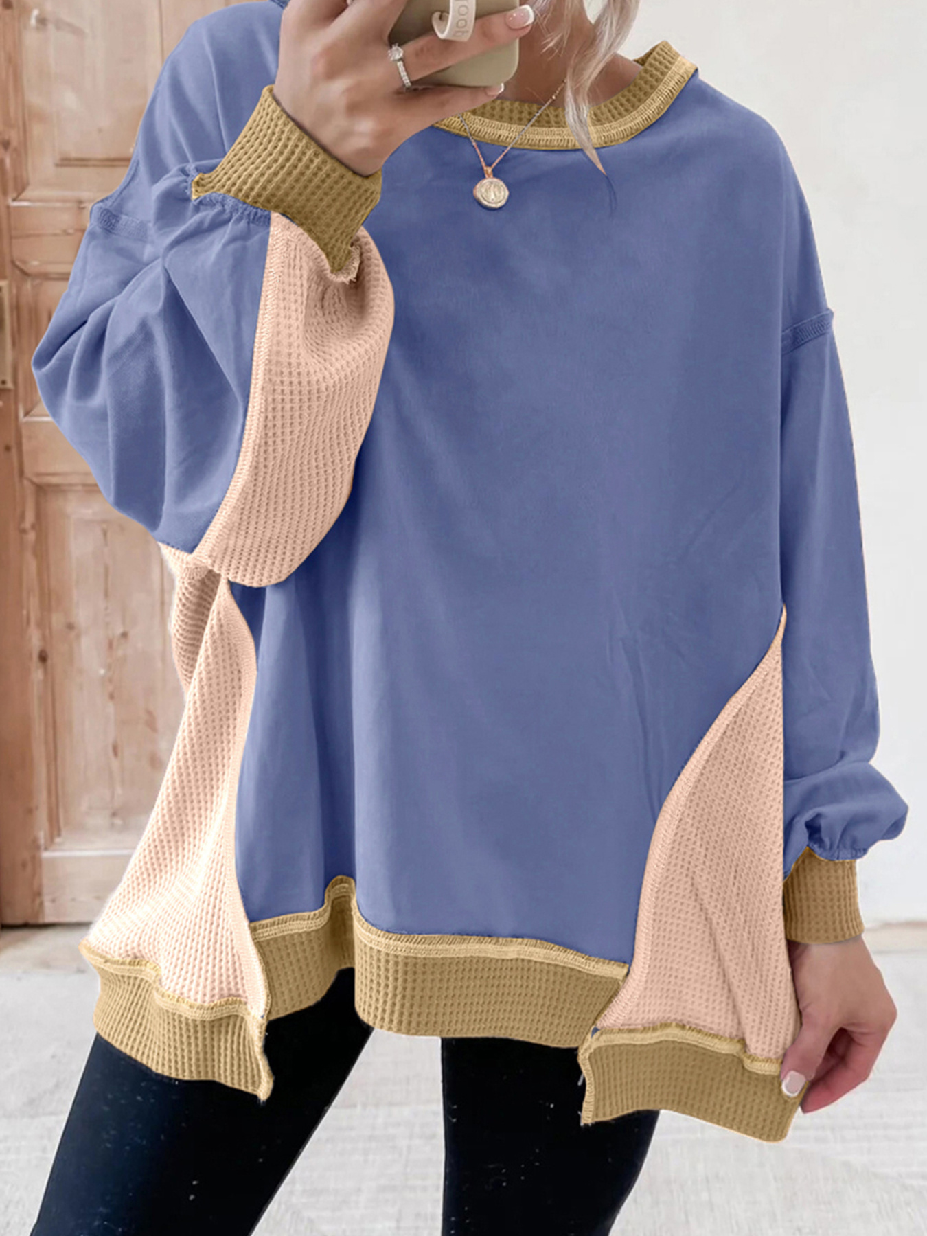 Color Block Waffle Knit Long Sleeve Sweatshirt