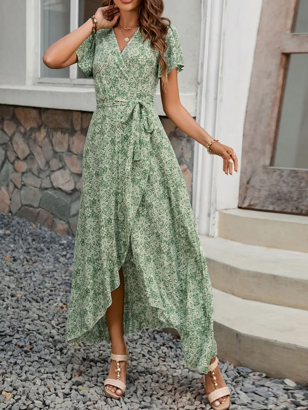 Printed Surplice Maxi Dress with Flutter Sleeves
