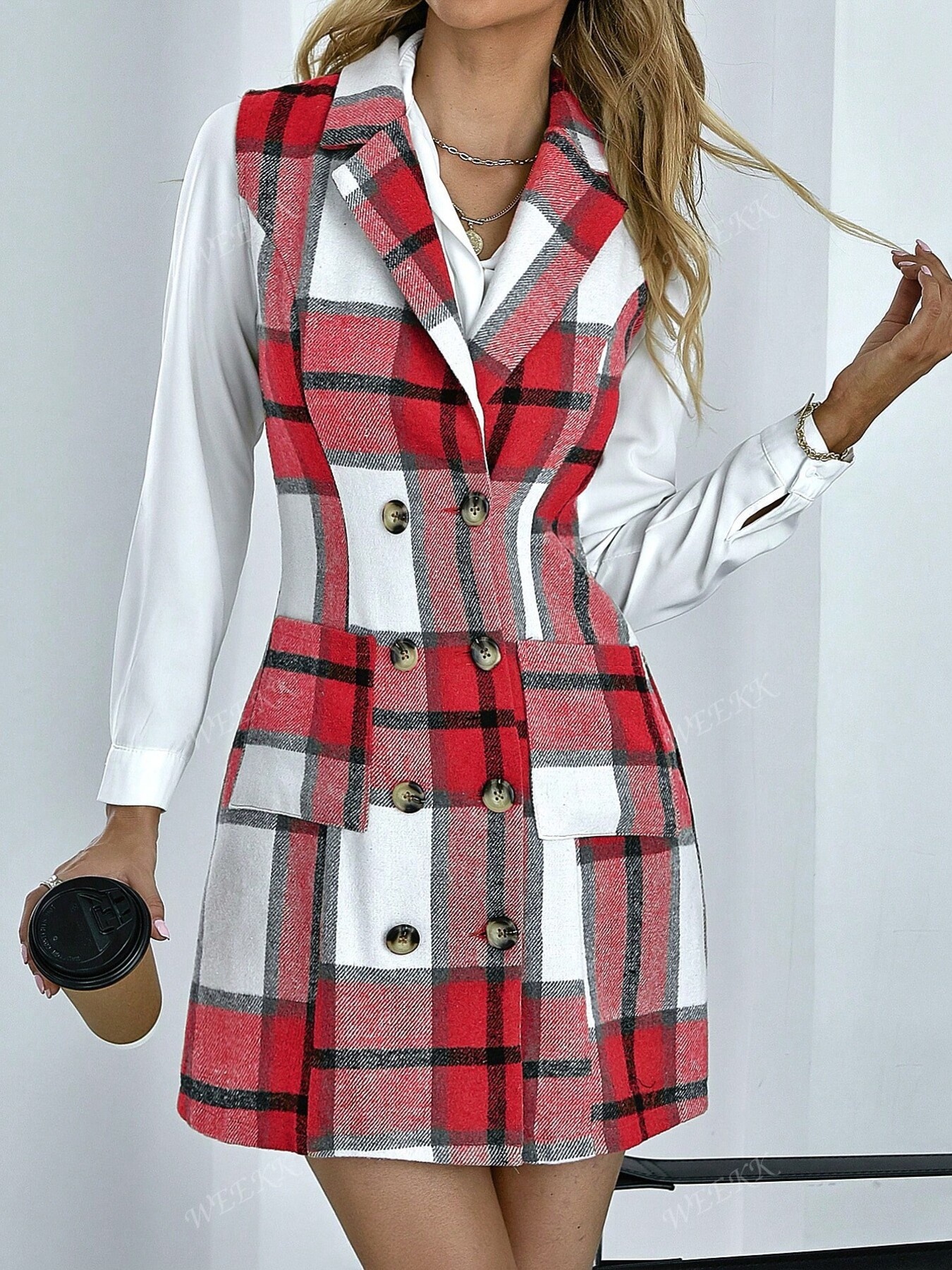 Plaid Double-Breasted Sleeveless Blazer Dress
