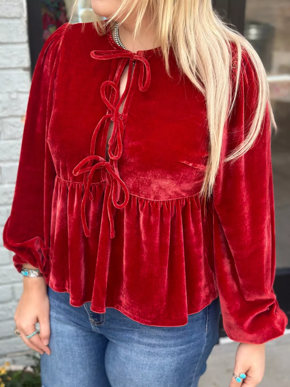 Plus Size Tie Front Velvet Peplum Blouse