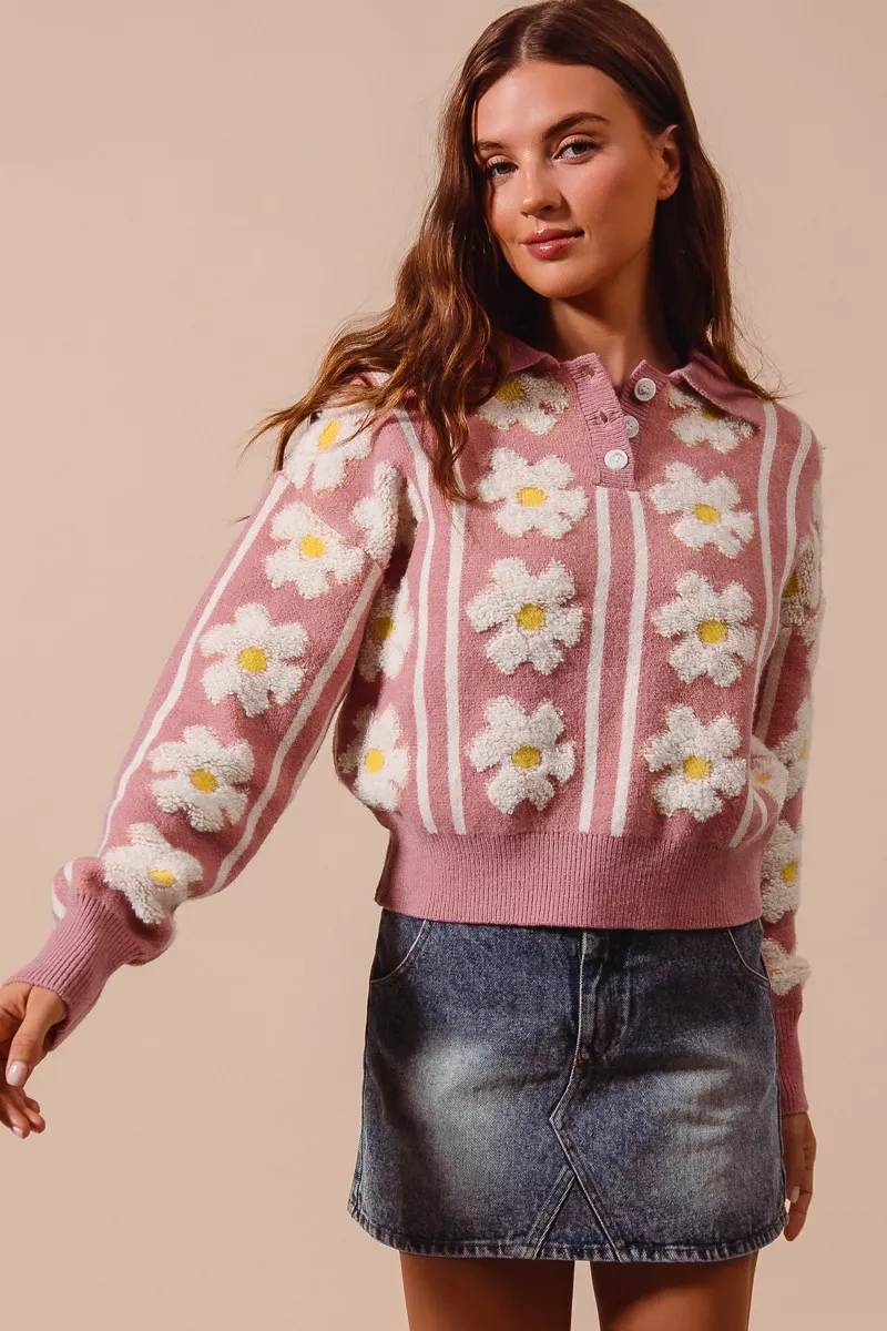 SO ME Floral Stripe Polo Collar Sweater