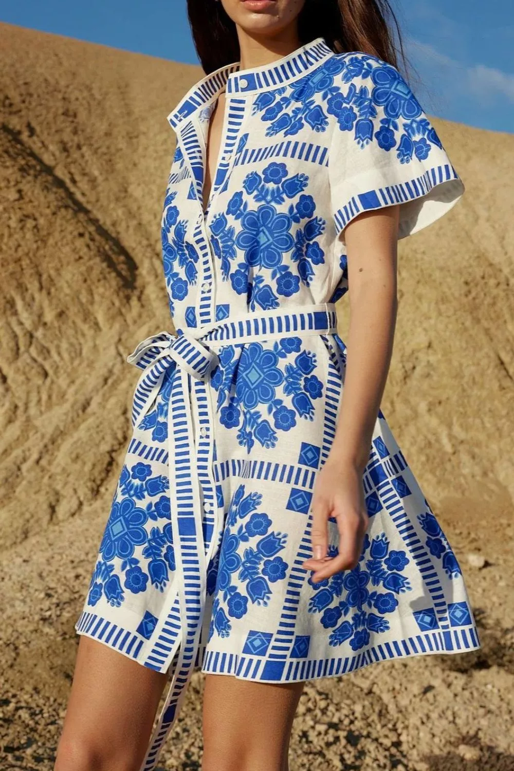 Printed Tie Waist Short Sleeve Dress