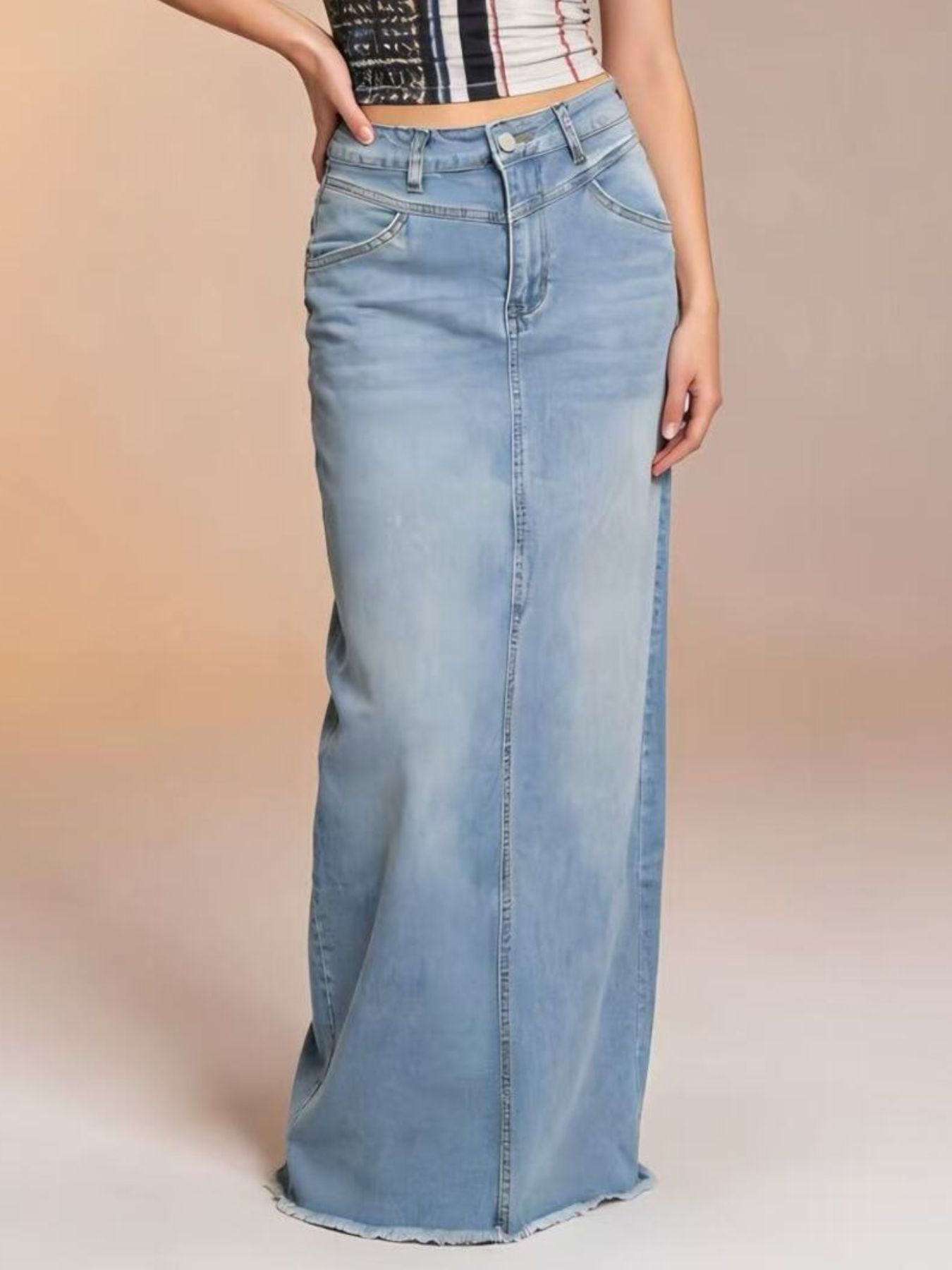 Raw Hem Maxi Denim Skirt
