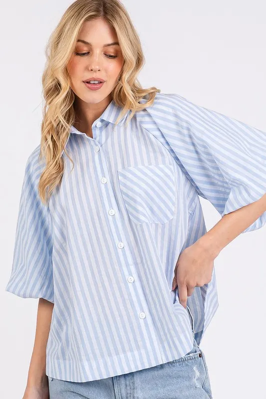 Mittoshop Button Down Striped Puff Sleeve Shirt