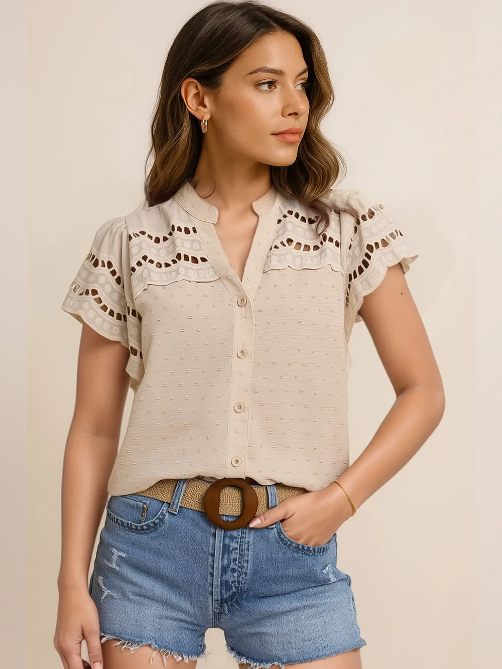 Swiss Dot Cutout Button Down Shirt