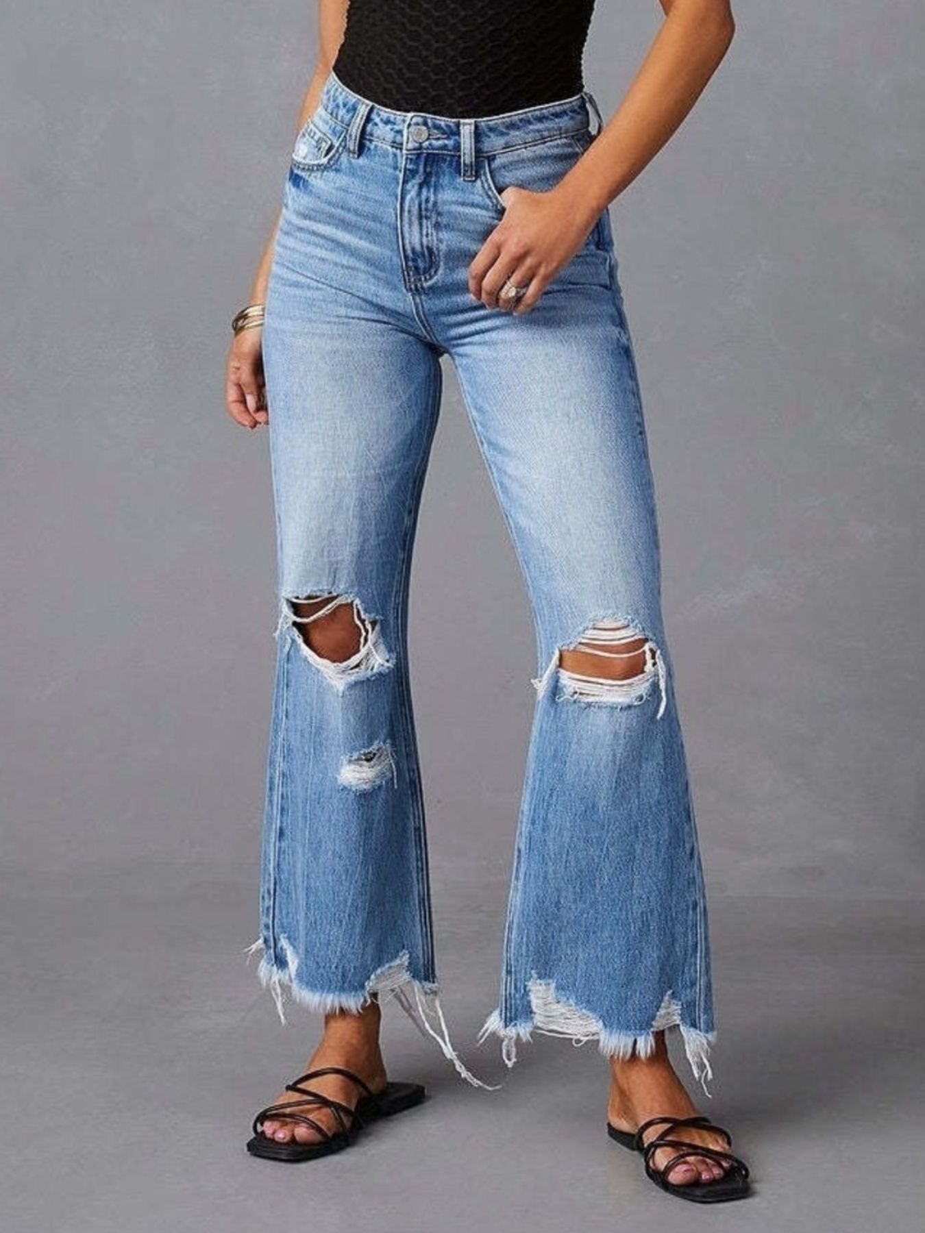 Distressed Raw Hem Flare Jeans