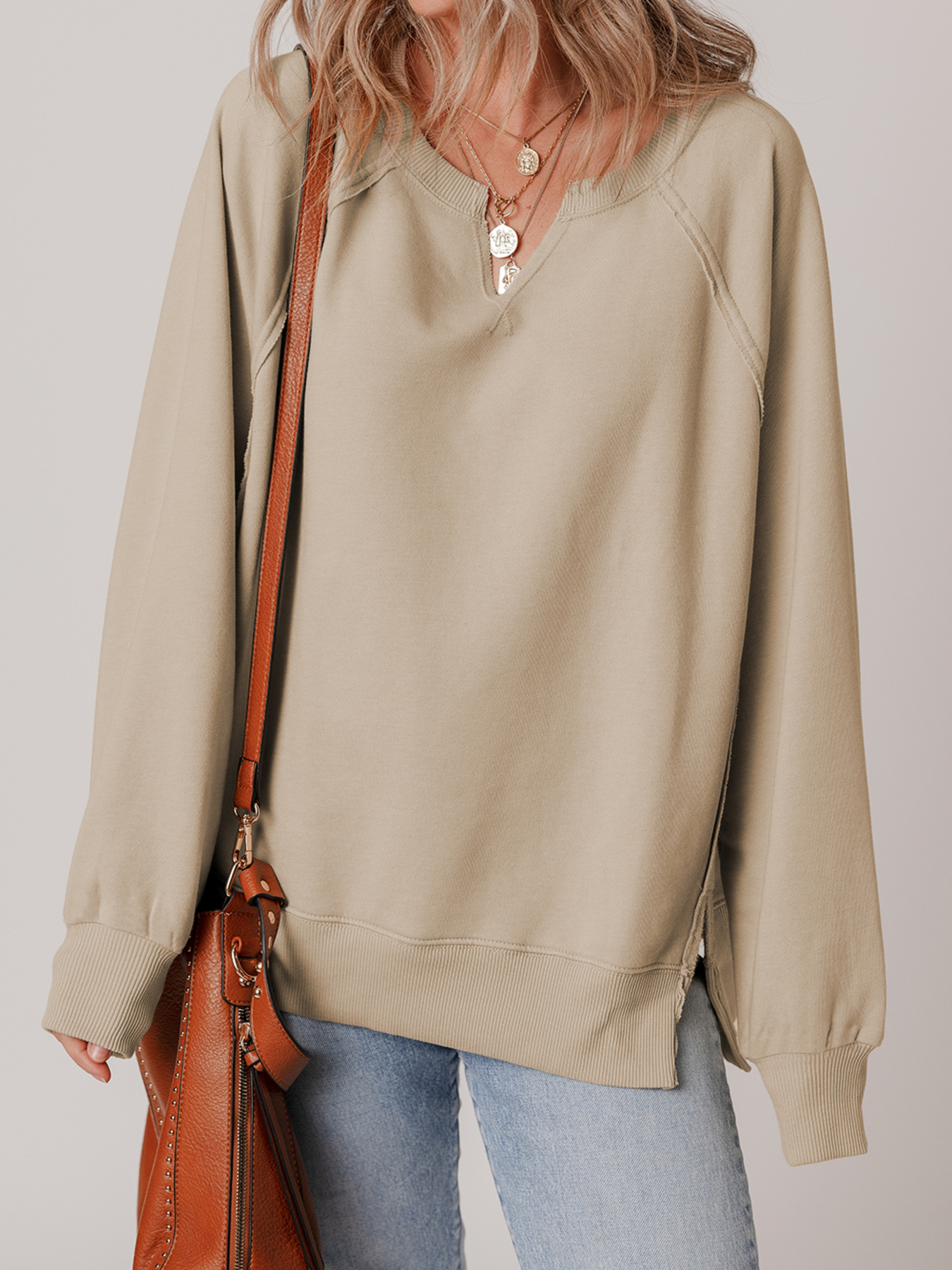 Raw Edge Exposed Seam Raglan Sleeve Side Slit Sweatshirt
