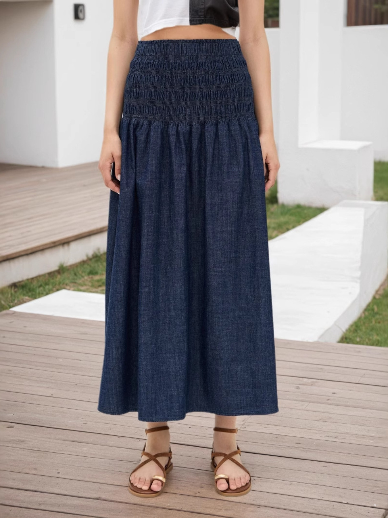 Elastic Waist Midi Skirt
