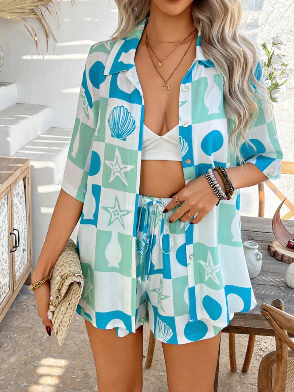 Devine Printed Button Down Shirt and Shorts Set