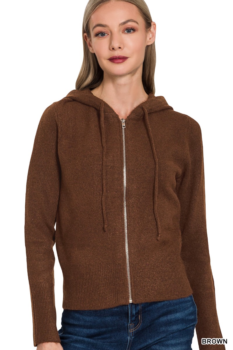 Zenana Drawstring Zip Up Hooded Cardigan