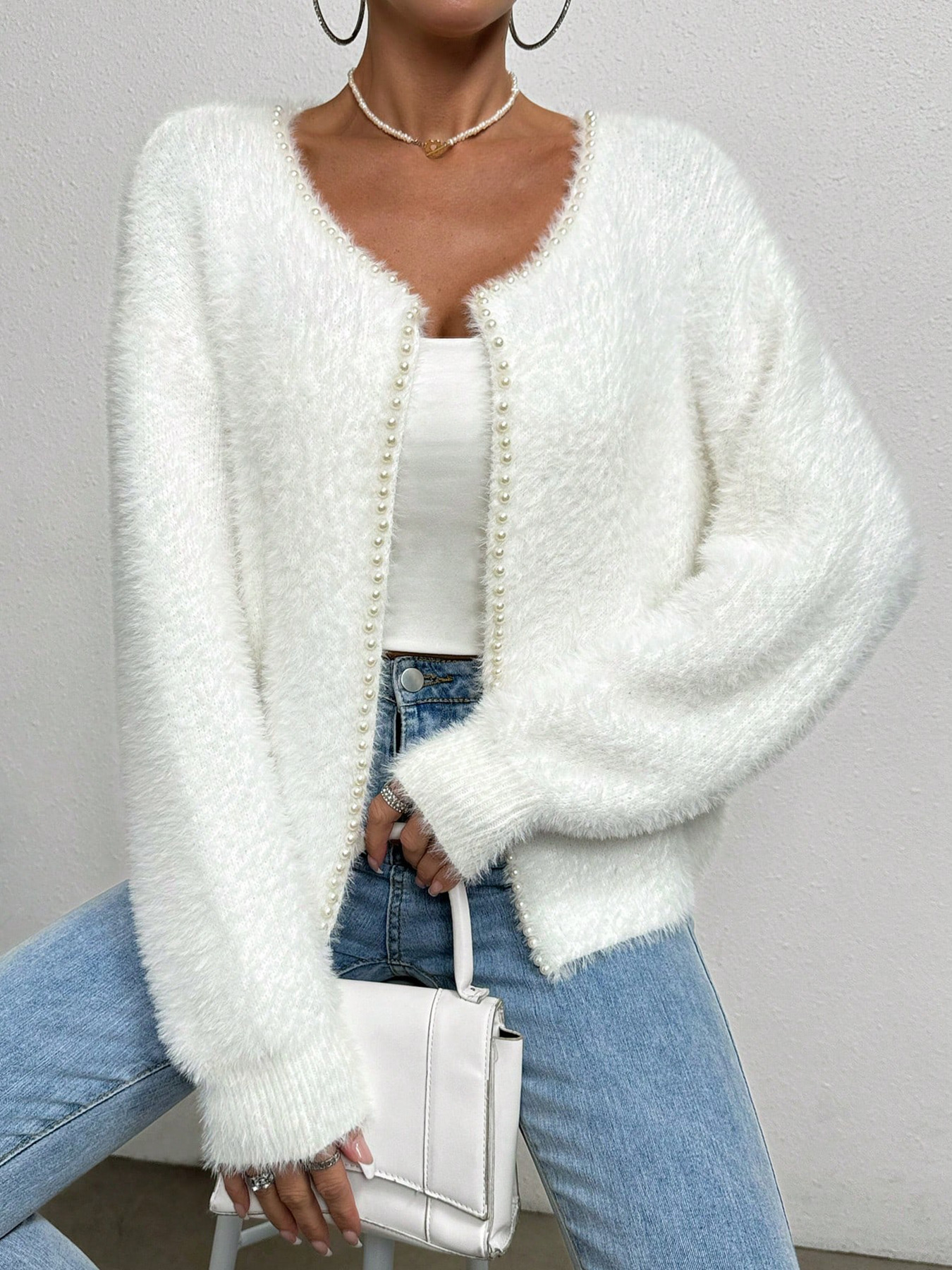 Pearl Trim Fuzzy Knit Cardigan