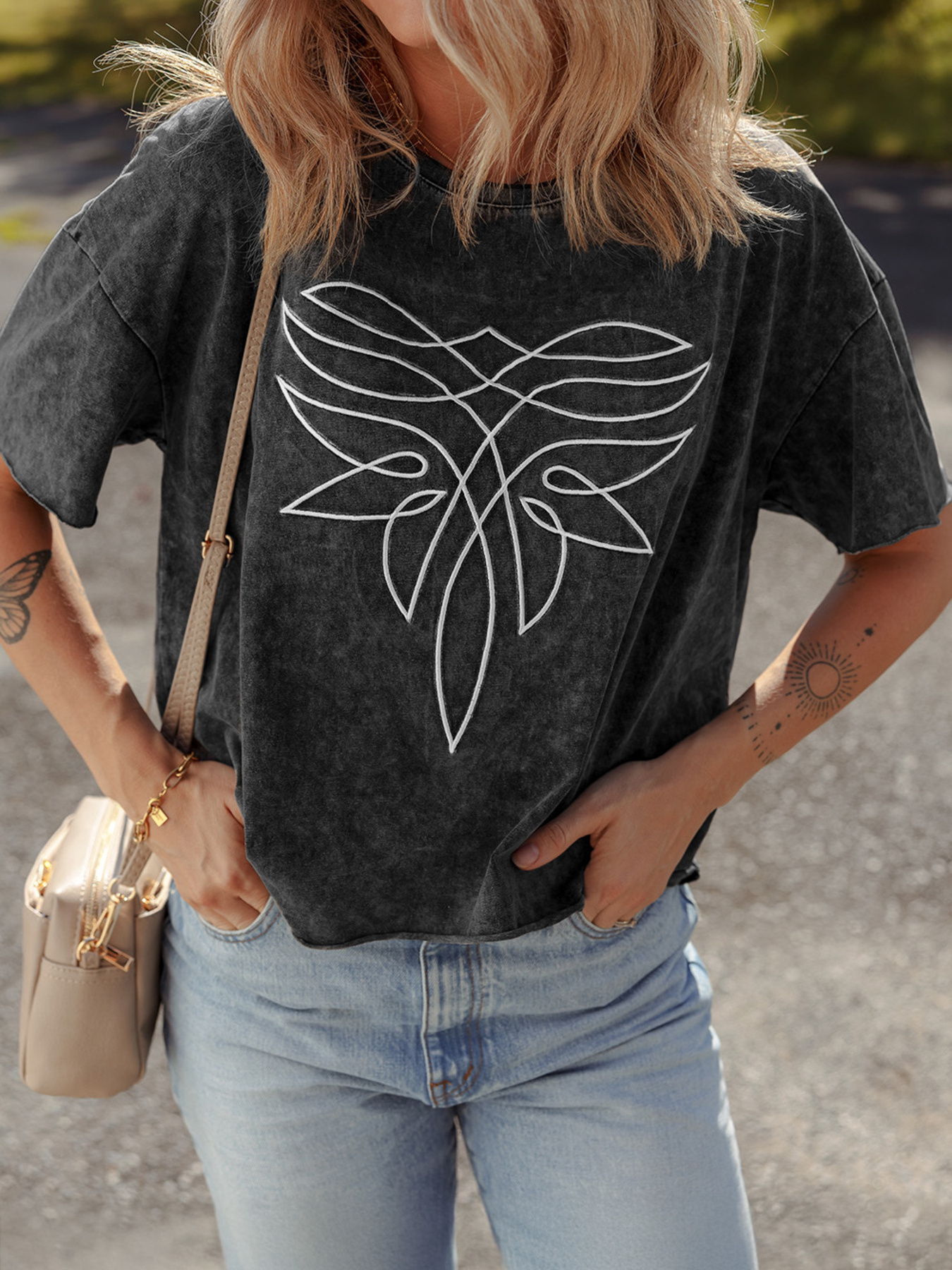 Floral Embroidered Mineral Wash Crew Neck T Shirt