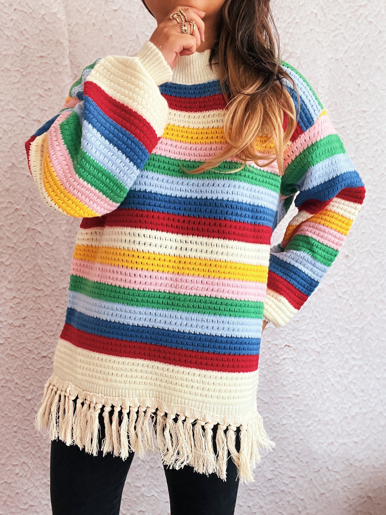 Tassel Rainbow Striped Long Sleeve Sweater