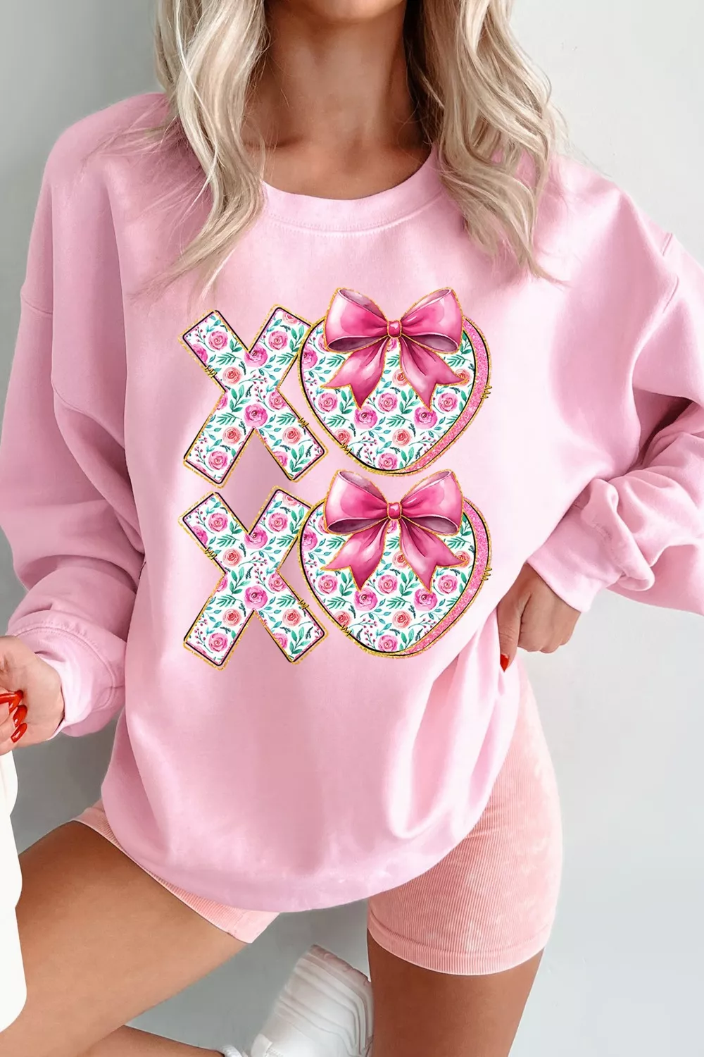 Bow Floral Printed Valentines Day XOXO Sweatshirt