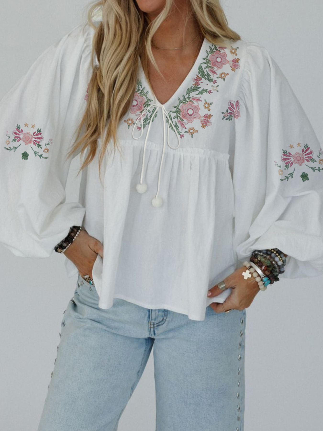 Flower V Neck Babydoll Blouse