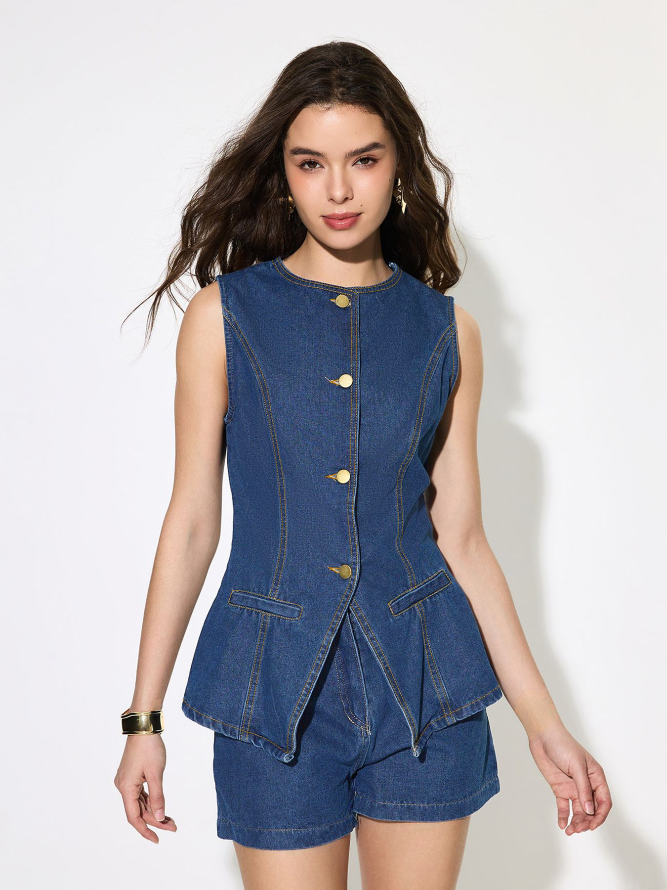 Button Up Sleeveless Denim Top