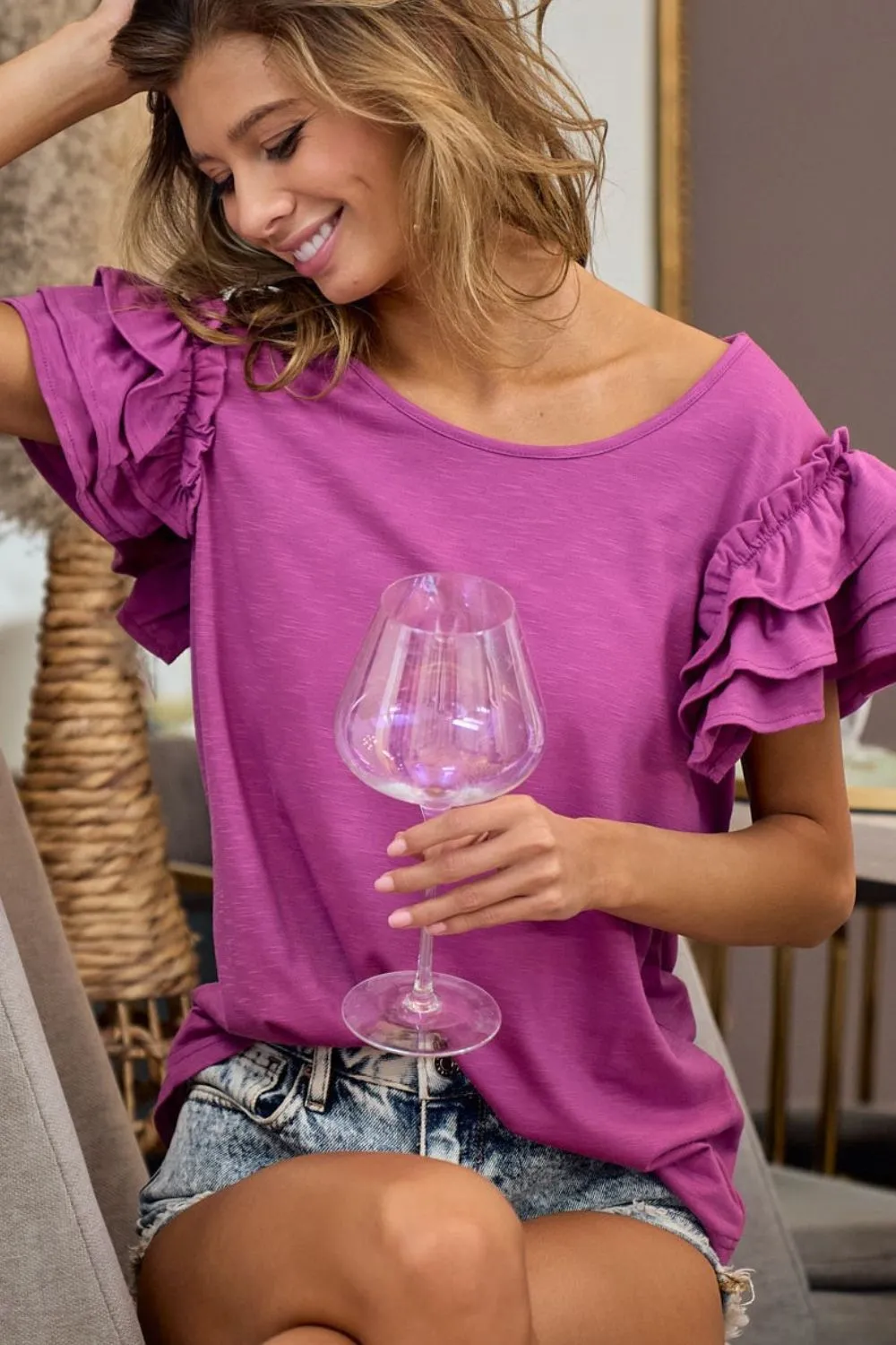 BiBi Layered Ruffle Sleeve Jersey Top