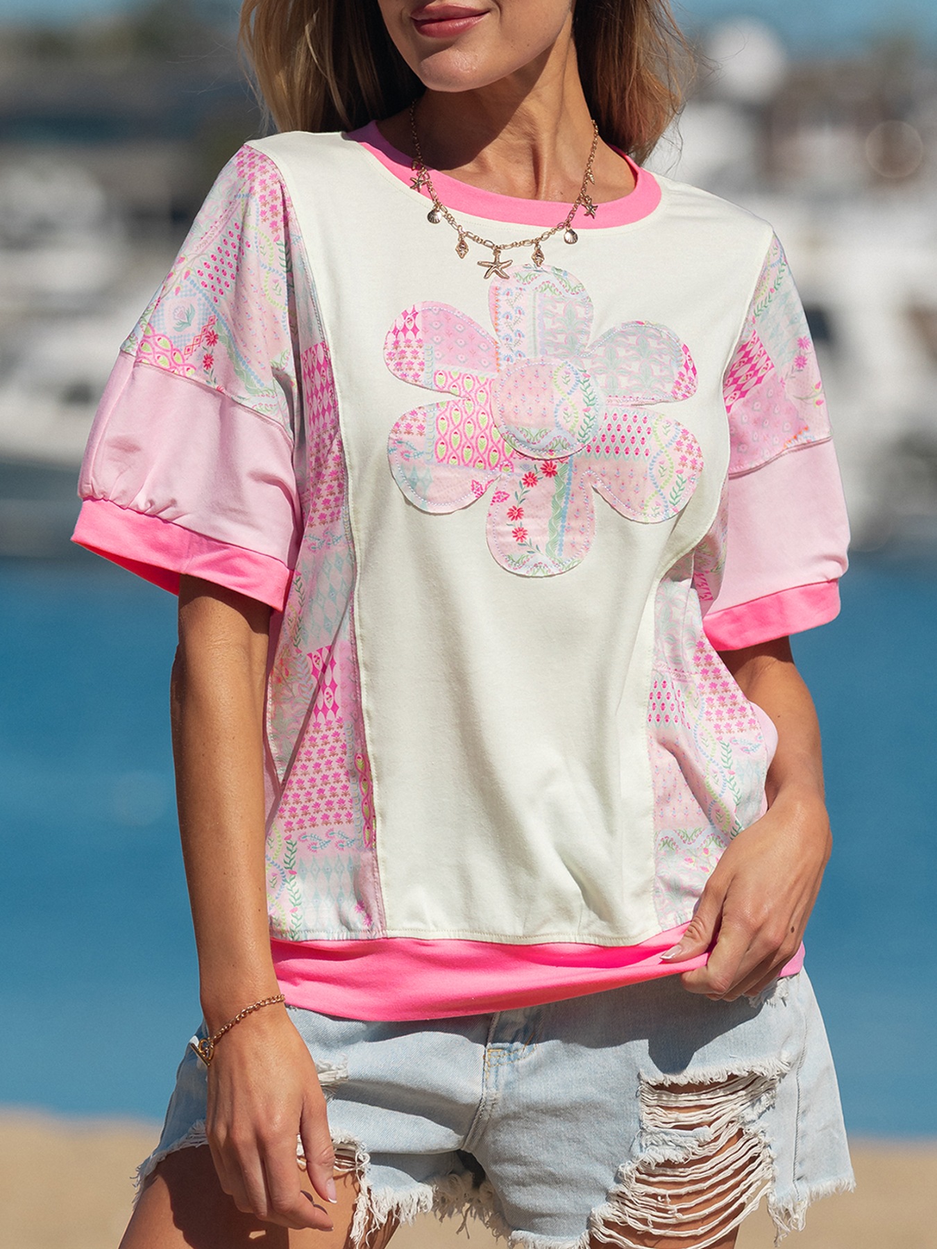 Color Block Floral Patchwork Big Flower Accent Relaxed Top