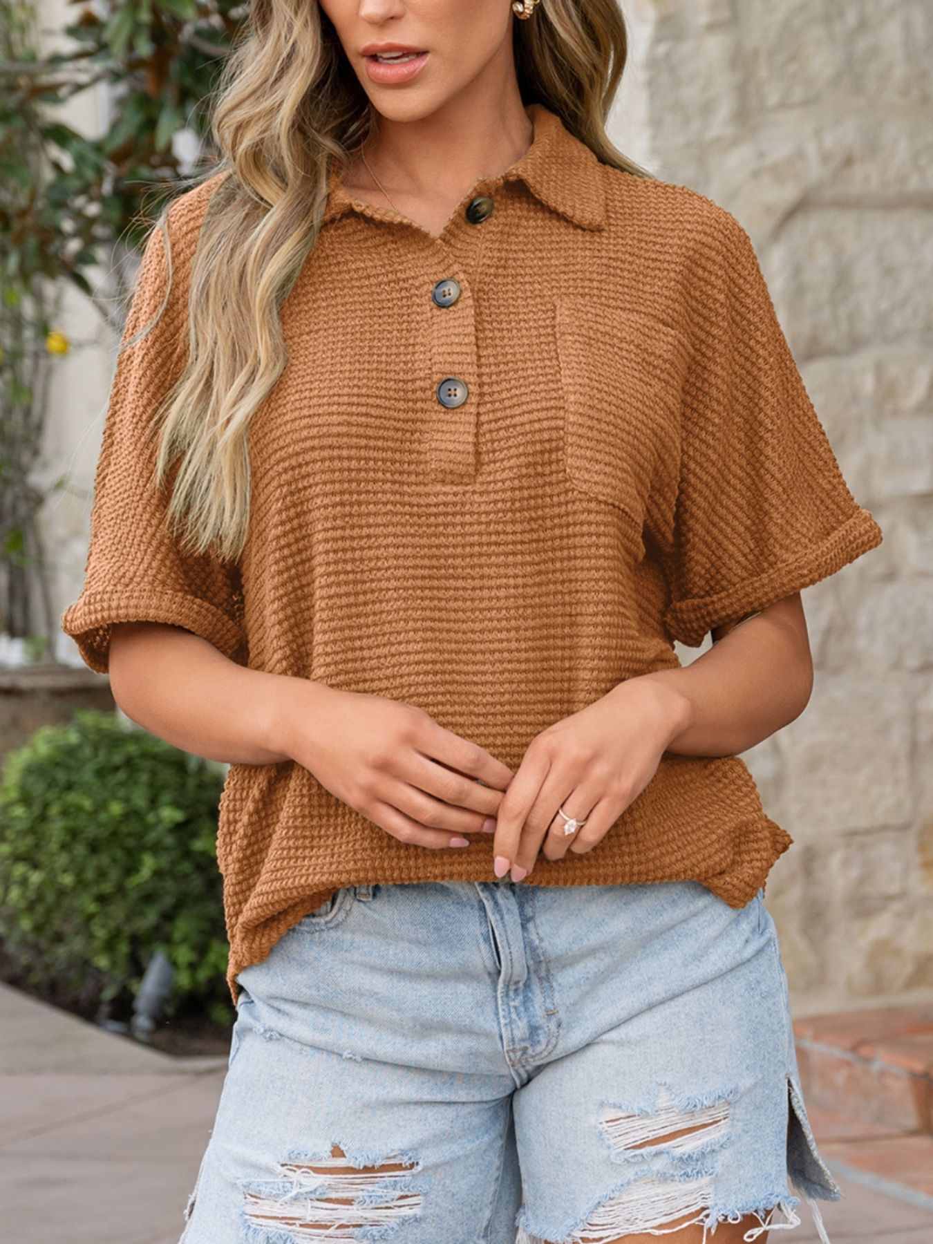 Textured Knit Button Detail Top