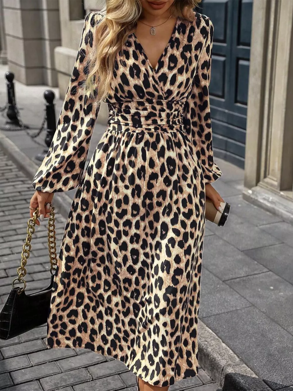 Leopard Print Wrap Midi Dress